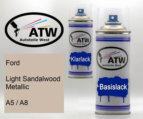 Ford, Light Sandalwood Metallic, A5 / A8: 400ml Sprühdose + 400ml Klarlack - Set, von ATW Autoteile West.